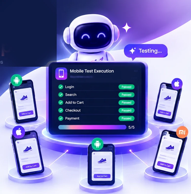 TestCopilot AI agent running a mobile checkout test across six real devices in parallel — Login, Search, Add to Cart, Checkout and Payment all passed.